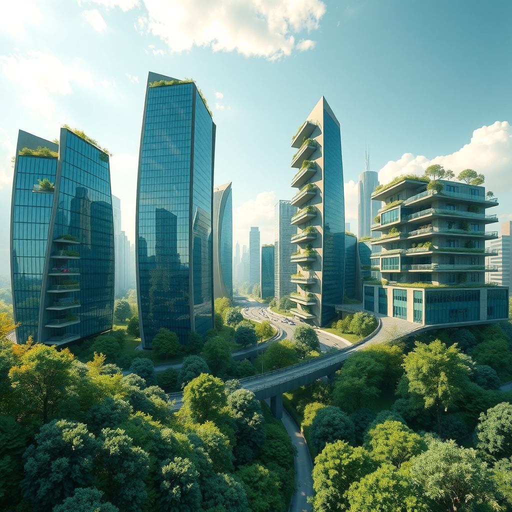 An abstract representation of sustainable urban development, metaphorically illustrating the concept of green buildings as a bridge connecting nature and modern cities. The primary artistic style is digital art, with a 3D representation. The lighting characteristics feature a soft, diffused natural light coming from the top, casting gentle shadows that evoke a serene and optimistic mood. The viewing angle is an eye-level perspective with a medium distance to capture the essence of a cityscape intertwined with greenery. The atmospheric mood highlights an optimistic and serene urban environment, balanced with greenery and modern structures. The composition uses the rule of thirds to place green buildings in the foreground, symbolizing their importance in future urban planning, with a smooth dynamic arrangement. The color palette incorporates earthy greens and blues as primary colors, with soft golden accents, maintaining a cool overall temperature and analogous color harmony.