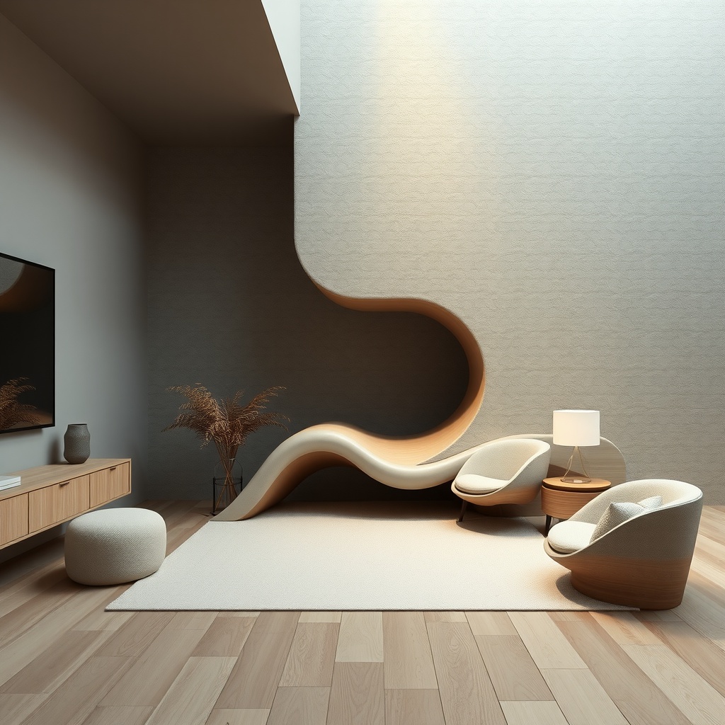 An abstract and geometric representation capturing the theme of home design transformation, embodying the evolution of family living spaces into multi-functional and aesthetic havens. The art style is digital 3D, focusing on a modern blend of geometry and organic textures. Primary lighting emanates from a top-left angle, soft yet revealing, with a secondary light source adding a gentle contrast from the lower right. Shadows are subtle with a diffuse quality, enhancing the interplay of form and texture. The image is set at a medium viewing distance with an eye-level perspective that centers on a dynamic, flowing shape symbolizing adaptability and connectedness among indoor and outdoor spaces. The mood is serene yet optimistic, suggesting a balance of wellness and modern living. The subject is placed slightly off-center following the rule of thirds, with an emphasis on a balanced composition that uses negative space to imply openness. The color palette is a cool harmony of greys, creams, and light woods, accented with moodier shades to suggest depth and sophistication, complementing the serene and innovative atmosphere.