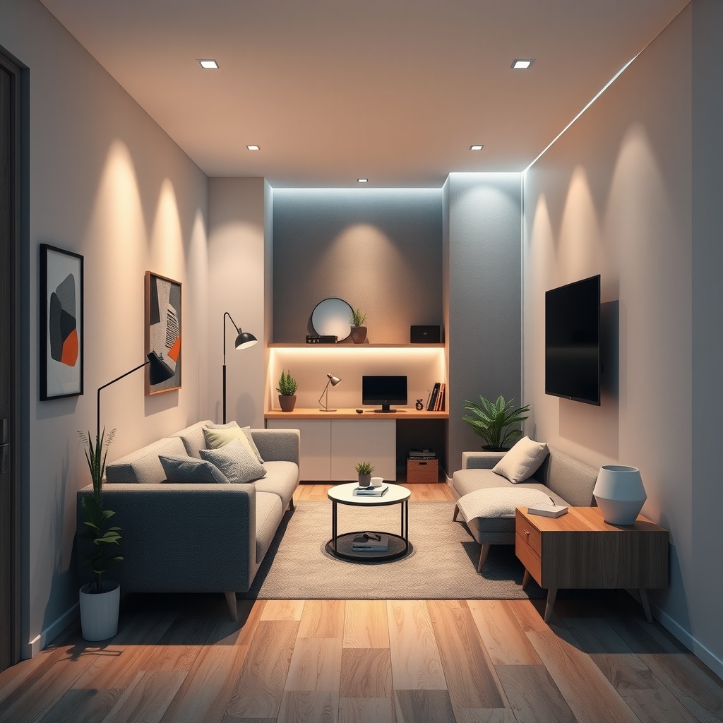 Create an abstract and geometric representation of a small, multifunctional home office space. The design should convey the theme of innovation and space maximization. Utilize digital art in 3D to illustrate an artistic interpretation of an office that seamlessly integrates into a small living area. The lighting should feature subtle ambient and volumetric lighting, suggesting a hidden workspace revealed by light. Shadows should be soft and diffuse, adding to the mystery and depth. The viewing angle should be medium-wide, slightly aerial to capture the essence of multifunctionality. The atmosphere should exude tidiness and modernity with a serene yet dynamic mood. Composition should follow the rule of thirds, ensuring a balanced yet dynamic arrangement, with elements suggesting transformation and adaptability. The color palette should include cool blues and greys with accents of natural wood tones, maintaining a harmonious and complementary balance.