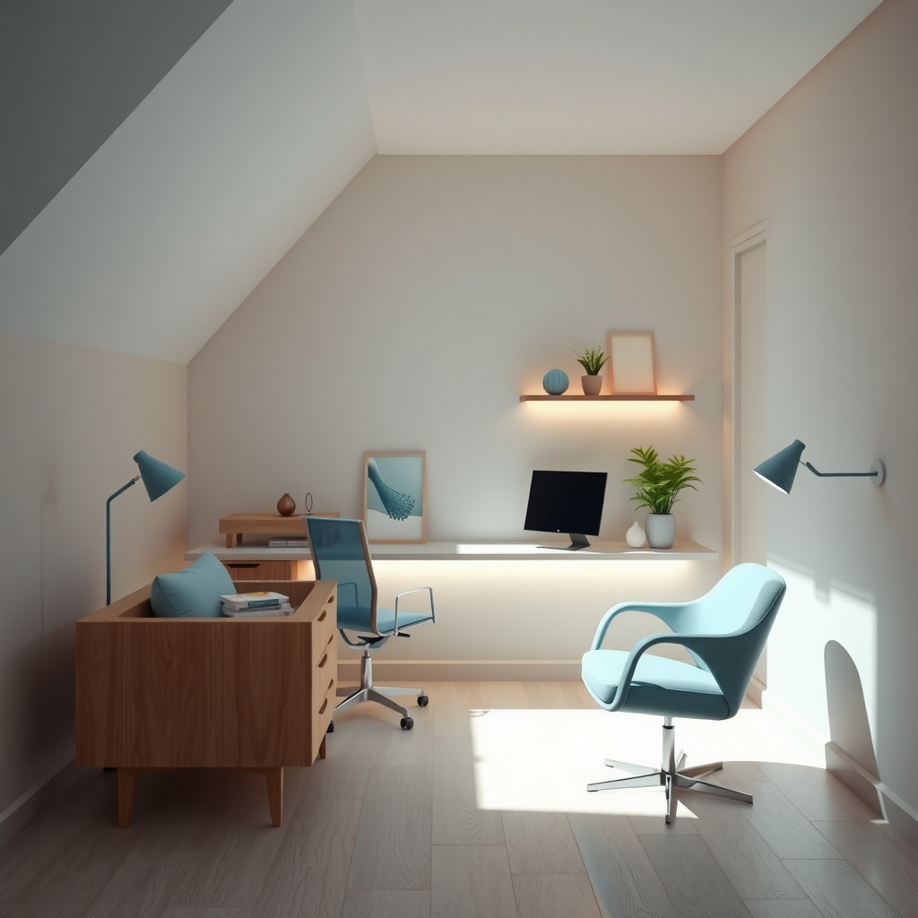 A conceptual visualization symbolizing the fusion of style and efficiency in small home office design. This digital art piece, rendered in a sleek 3D style, explores the abstraction of space optimization and ergonomic comfort. The primary lighting comes diagonally from an overhead source, casting soft shadows that blend into the background, while subtle rim lighting highlights the edges of the floating furniture elements. The image is observed from a medium distance with an eye-level perspective, drawing focus to the balance and symmetry of the composition. It conveys an optimistic mood, with a light, airy atmosphere and a harmonious blend of soft blues, muted greens, and warm wood tones. The composition utilizes the rule of thirds, inviting an engaging flow from one element to another, embracing negative space to emphasize openness and adaptability.
