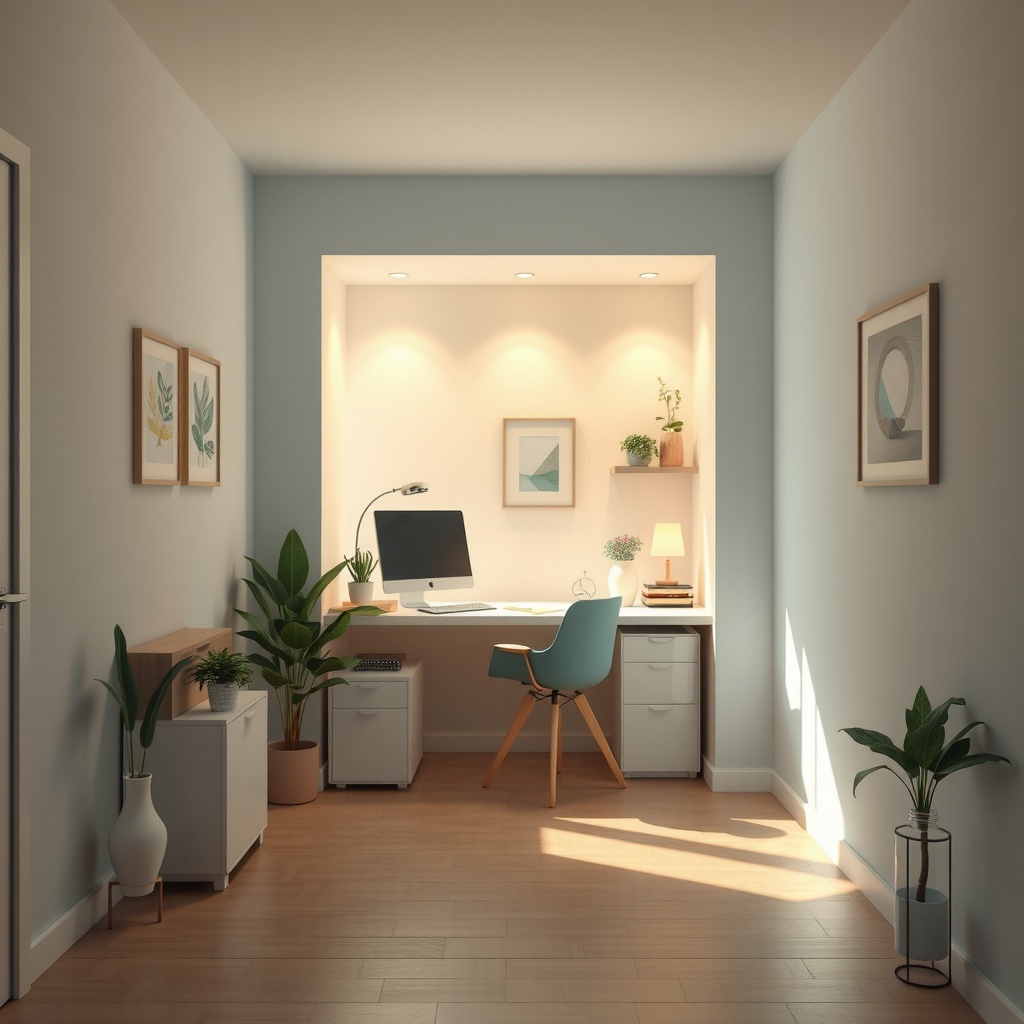 A metaphorical digital 3D art representation capturing the theme of 'Creating a Professional Home Office in Limited Space'. The image illustrates a compact, multifunctional workspace emerging from a small, confined area, symbolizing innovation and efficient space utilization. Lighting plays a crucial role, with a soft, natural light source entering from the side, complemented by ambient warm lighting that creates a cozy, inviting atmosphere. Shadows are soft and subtle, enhancing the sense of openness. The viewing angle is medium from an eye-level perspective, focusing on a central desk that represents productivity. The mood is optimistic and serene, with a slight emphasis on calmness, supported by elements like plants and art. The composition follows the rule of thirds, with a balance of elements that encourages a sense of organization and peace through the use of negative space. The color palette includes warm neutrals, soft greens, and accents of light blue, creating a harmonious and calming environment, reflecting an analogous color harmony approach.