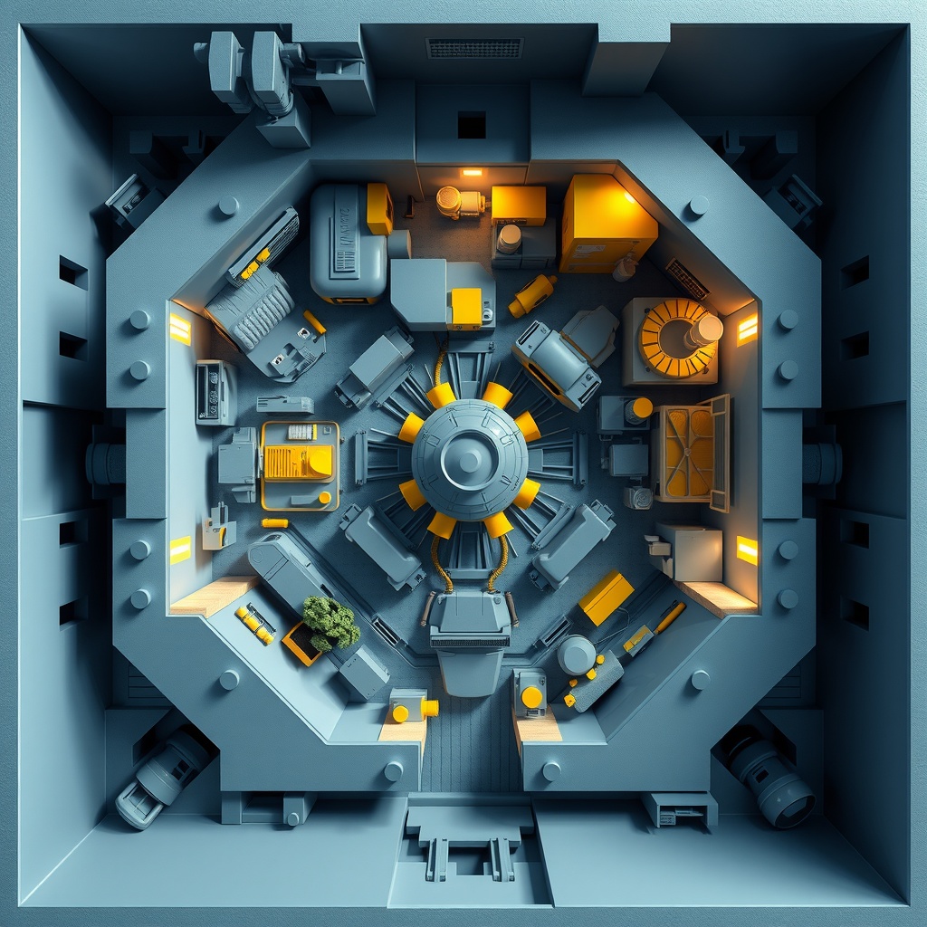 Create an abstract digital art piece that encapsulates the theme of 'innovative solutions for compact living spaces.' The composition should embody the metaphor of transformation and multi-functionality in a limited area. Opt for a 3D digital art style to give depth and spatial illusion, with a primary cool color palette of blues and greys, accented by vibrant yellows to suggest creativity and utility. The lighting should feature a centralized diffused light source with soft shadows, creating a harmonious and inviting mood. Use an aerial perspective to emphasize spaciousness within compactness, focusing on a central focal point that symbolizes ingenuity. The design should follow the rule of thirds to balance elements, employing a dynamic arrangement with ample negative space to highlight the adaptability of modern living spaces. The overarching tone should be optimistic and forward-thinking, with a complementary color harmony to evoke a sense of unity and potential in urban living environments.