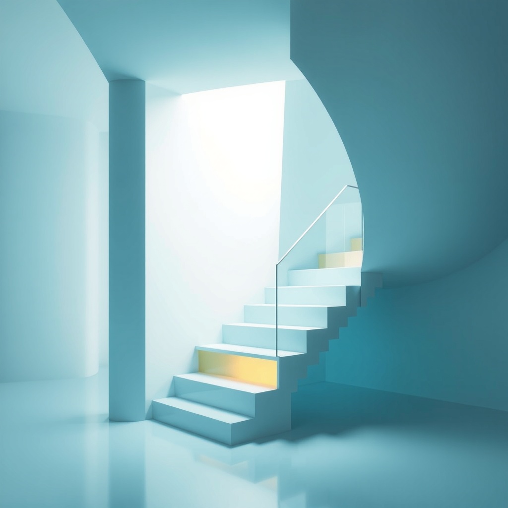 Create an abstract geometric representation capturing the theme of innovative and multifunctional stair designs enhancing small spaces. The artistic style should be 2D digital art, using clean lines and modern shapes to symbolize the concept of versatility and aesthetics in tight spaces. The primary light source should be soft and diffuse, originating from the upper left, casting gentle shadows with low intensity to suggest openness. The viewing angle should be at an eye-level perspective, focusing on a medium distance to emphasize harmony between form and function. The mood should be optimistic and airy, with an emphasis on lightness and a seamless environment. Employ a rule of thirds composition, placing the stair design slightly off-center to balance the elements, leaving ample negative space to suggest spaciousness. Use a color palette of cool blues and greens as primary colors, with accents of warm yellow to highlight innovative features. The overall temperature should feel cool, creating a harmonious and complementary visual experience.