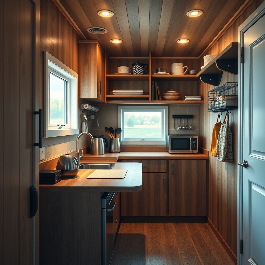 A compact kitchen in a tiny home designed to maximize utility and comfort, featuring unique storage solutions and multi-functional appliances. The artwork showcases a close-up perspective, emphasizing a folding countertop that transitions from cooking to dining. The style is photorealistic, with dramatic side-lighting creating a warm atmosphere, highlighting the wooden textures of cabinets and shelves. The color palette consists of earthy tones and soft lighting to evoke a cozy feel, with visual elements like compact appliances, hanging racks, and vertical shelves incorporated into the design.