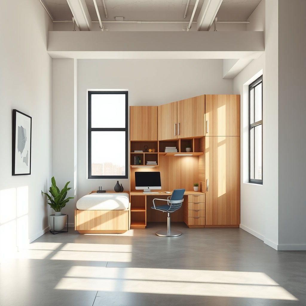 Create a conceptual visualization of a multi-functional loft space, capturing the essence of versatility and smart design. The image should be a digital art (3D) representation, showcasing a modern urban loft with modular furniture and vertical space utilization. The primary artistic style should be photorealistic rendering with a clean, minimalist aesthetic. Lighting should feature a main light source from a large window, creating soft, natural illumination with subtle shadows. Secondary lighting includes recessed LED lights for a modern touch. The viewing angle should be a medium shot from an eye-level perspective, focusing on the central area where the Murphy bed transforms into a workspace. The atmospheric mood should be optimistic and innovative, with a light visual weight. Composition should follow the rule of thirds, with the main subject (the transforming furniture) placed slightly off-center. The color palette should include primary colors of white and light wood tones, with secondary accents of soft gray and muted blue. Overall temperature should be warm, with a complementary color harmony approach.