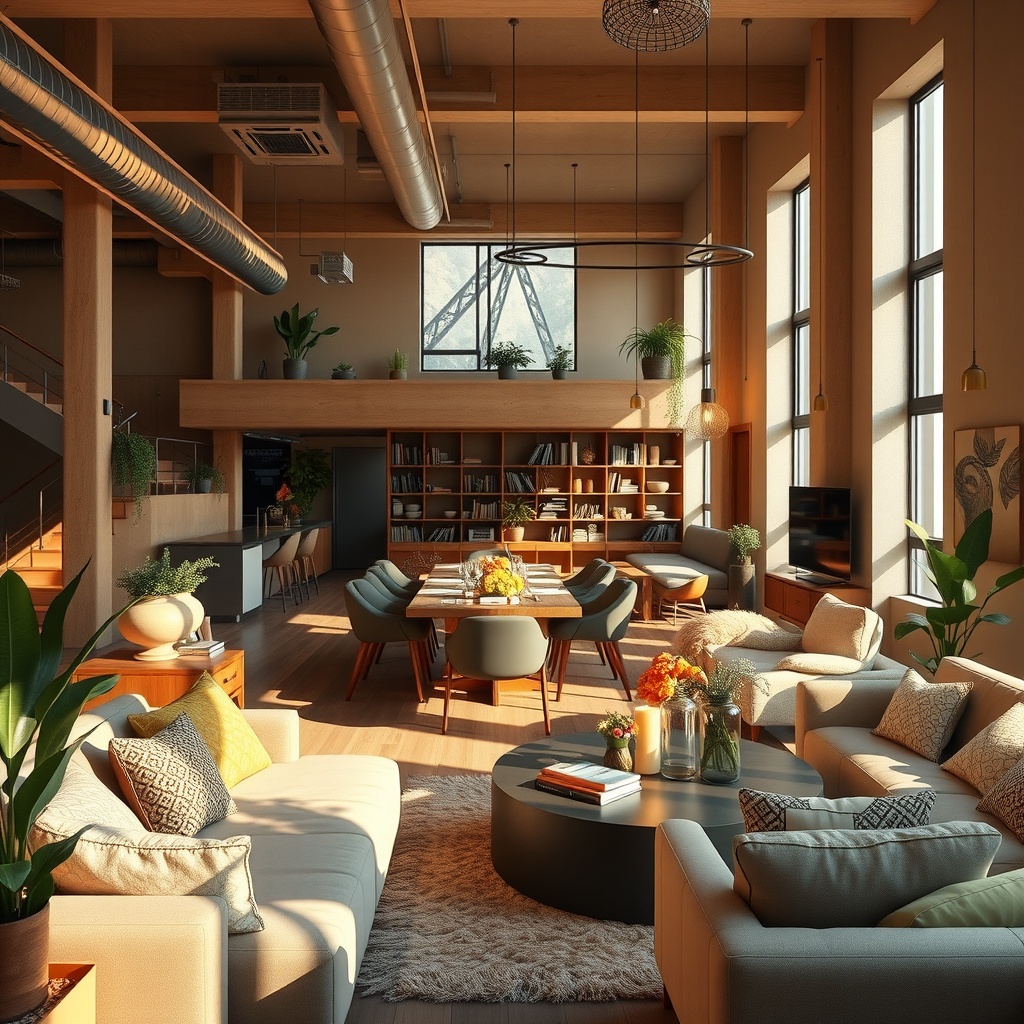 A photorealistic digital artwork of a spacious loft apartment designed for engaging conversations. The scene showcases distinct activity zones: a cozy lounge area with plush seating, a vibrant dining setup with a centerpiece, and natural elements like plants and artwork adorning the walls. The lighting is soft and inviting, creating a warm atmosphere, with natural light streaming in through large windows. The mood is lively yet intimate, inviting guests to interact comfortably. The color palette includes warm tones like earthy greens, browns, and soft yellows, enhancing the inviting ambiance.