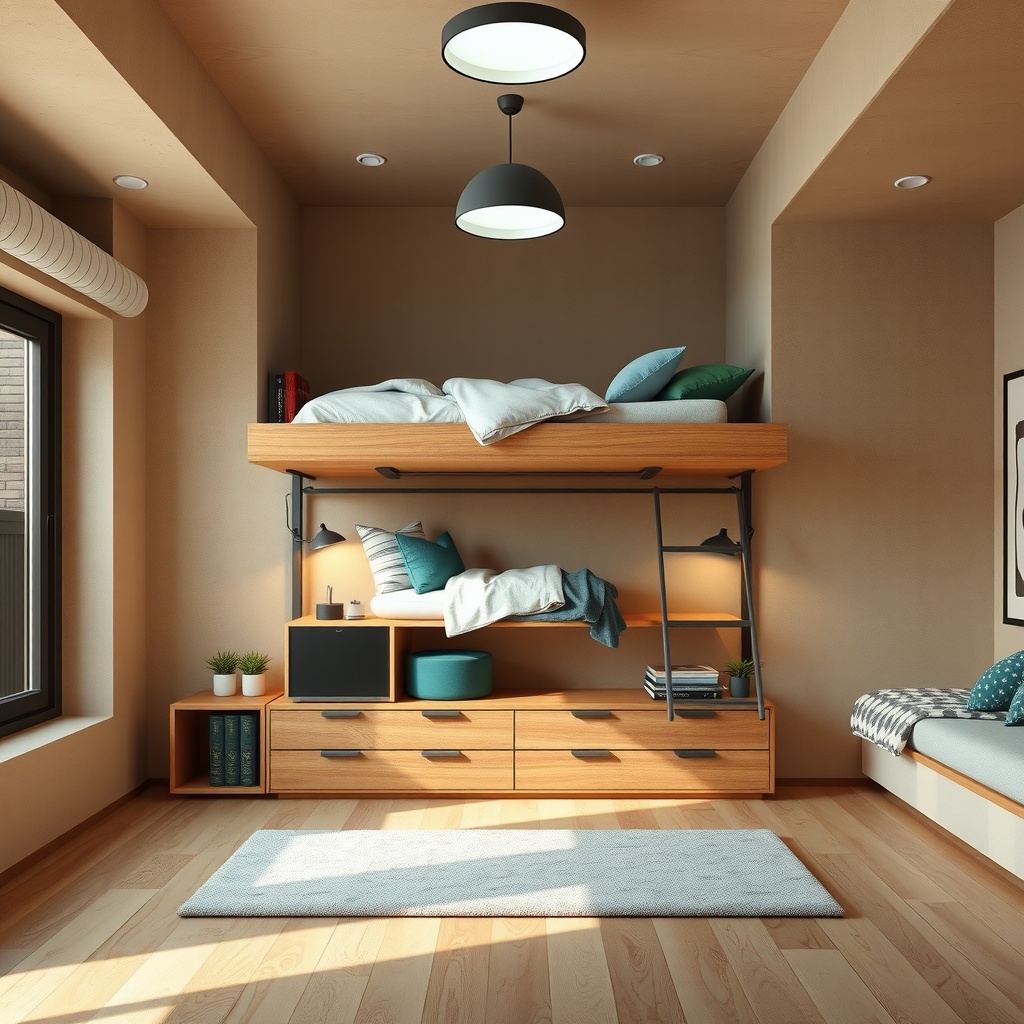 A conceptual visualization of loft headroom optimization in urban living spaces. The image is captured through 3D digital art, showcasing an innovative, elevated loft interior where space efficiency meets modern aesthetics. The lighting is soft and ambient, primarily from a ceiling light source with diffuse shadows, enhancing a serene mood. The perspective is an eye-level view focusing on the loft's central features, highlighting a cleverly elevated sleeping area with functional storage below. The mood is optimistic and forward-thinking, with a light visual weight, emphasizing airiness and flexibility. Compositionally, it follows the rule of thirds, dynamically balancing elevated and ground-level elements, and effectively utilizing negative space for a sense of openness. The color palette is warm, combining earthy tones with accents of vibrant blues and greens, adopting an analogous color harmony for cohesion and tranquility.