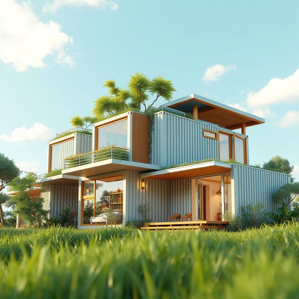 Create a sophisticated abstract representation of luxury container homes as a blend of sustainability and modern luxury. The style should be 3D digital art, capturing the essence of innovation in residential architecture. Lighting should originate from the top left, in a soft, diffused manner, complemented by subtle ambient lighting to highlight eco-friendly materials. Shadows should be gentle, with mild soft edges to create a serene ambiance. The perspective should be slightly low angle to give a feeling of grandeur, focusing on the intersection of nature and high-end design. Emotionally, the atmosphere should be optimistic, reflecting a thriving, eco-conscious future with a medium visual weight. Compositionally, use the rule of thirds to place elements, with negative space used to emphasize the elegant simplicity of the design. The color palette should feature cool blues and greens as primary colors, with warm gold accents to represent luxury, harmonizing in an analogous approach.