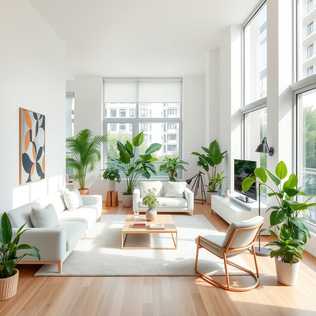 An open concept living room designed to maximize natural light, featuring large windows that allow sunlight to flood the space. Incorporate a color palette of soft whites and gentle greens, with modern, multifunctional furniture that reflects a minimalist aesthetic. The room should be enhanced by various indoor plants, creating a seamless connection to the outdoors. The atmosphere should evoke tranquility and spaciousness, ideal for urban living.