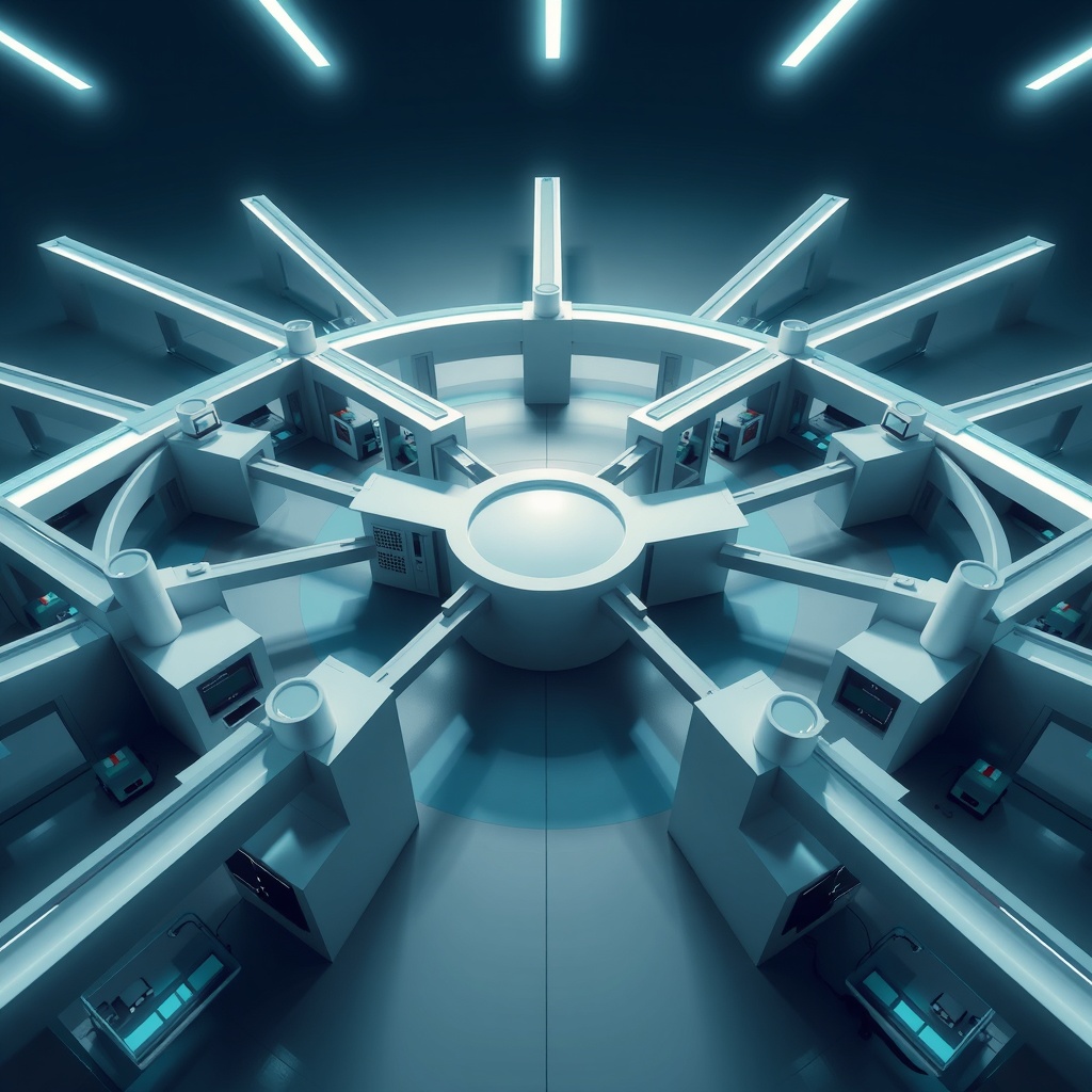 An abstract and geometric representation of the concept of micro offices as modern, flexible workspaces. This image should convey agility and connectivity in a dynamic and sophisticated manner. The primary artistic style is digital 3D art emphasizing sleek, modern design elements. The lighting is designed to be soft and diffused, emanating from an overhead source creating gentle shadows. Rim lighting is used to accentuate the sleek surfaces of the structures depicted. The viewing angle is a wide aerial view, capturing the interconnected nature of these spaces. The focal point is centrally located to showcase the hub of activity reflecting connectivity and interaction. The mood is optimistic and futuristic, with environmental conditions reflecting a clear and bright setting. The composition follows the rule of thirds with dynamically arranged intersecting lines creating a sense of motion and progress. The color palette includes cool tones like blues and greens, with accents of silver and white, maintaining a harmonious balance through an analogous color scheme.