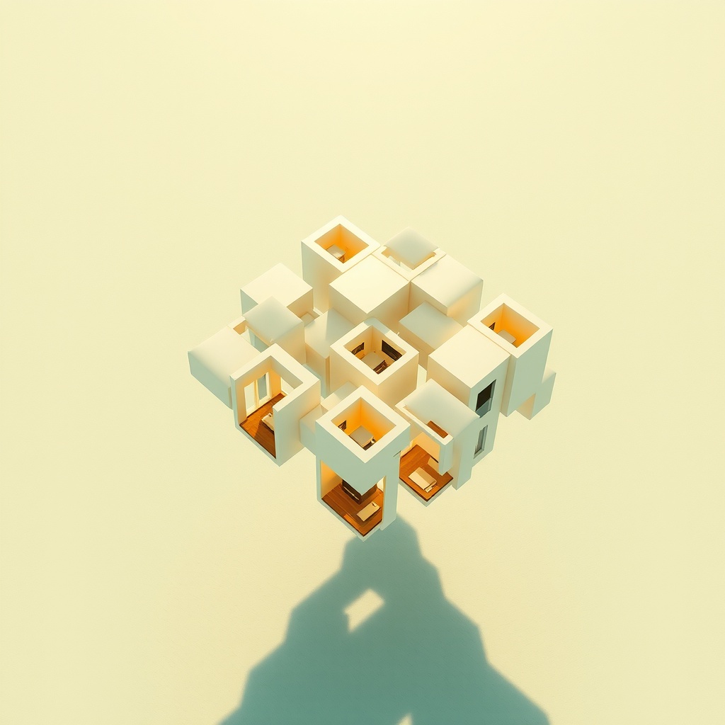Create an abstract representation capturing the essence of microhomes: innovation, minimalism, and sustainability. Use a digital art style with 3D elements to depict interconnected geometric structures of microhomes floating in a vast, open space. The primary light source should simulate natural sunlight from above, creating soft, elongated shadows, with secondary lighting adding a warm glow around the structures. Employ an aerial view to emphasize the scale and arrangement of microhomes, with a focus on the interplay between light and shadow. Set an optimistic mood with clear skies and a serene, balanced composition. Apply a color palette of soft greens and earth tones, with accents of white and light yellow to represent eco-friendliness and modernity. Incorporate complementary color harmony for a visually soothing effect, adhering to a dynamic yet harmonious arrangement with strategic use of negative space.