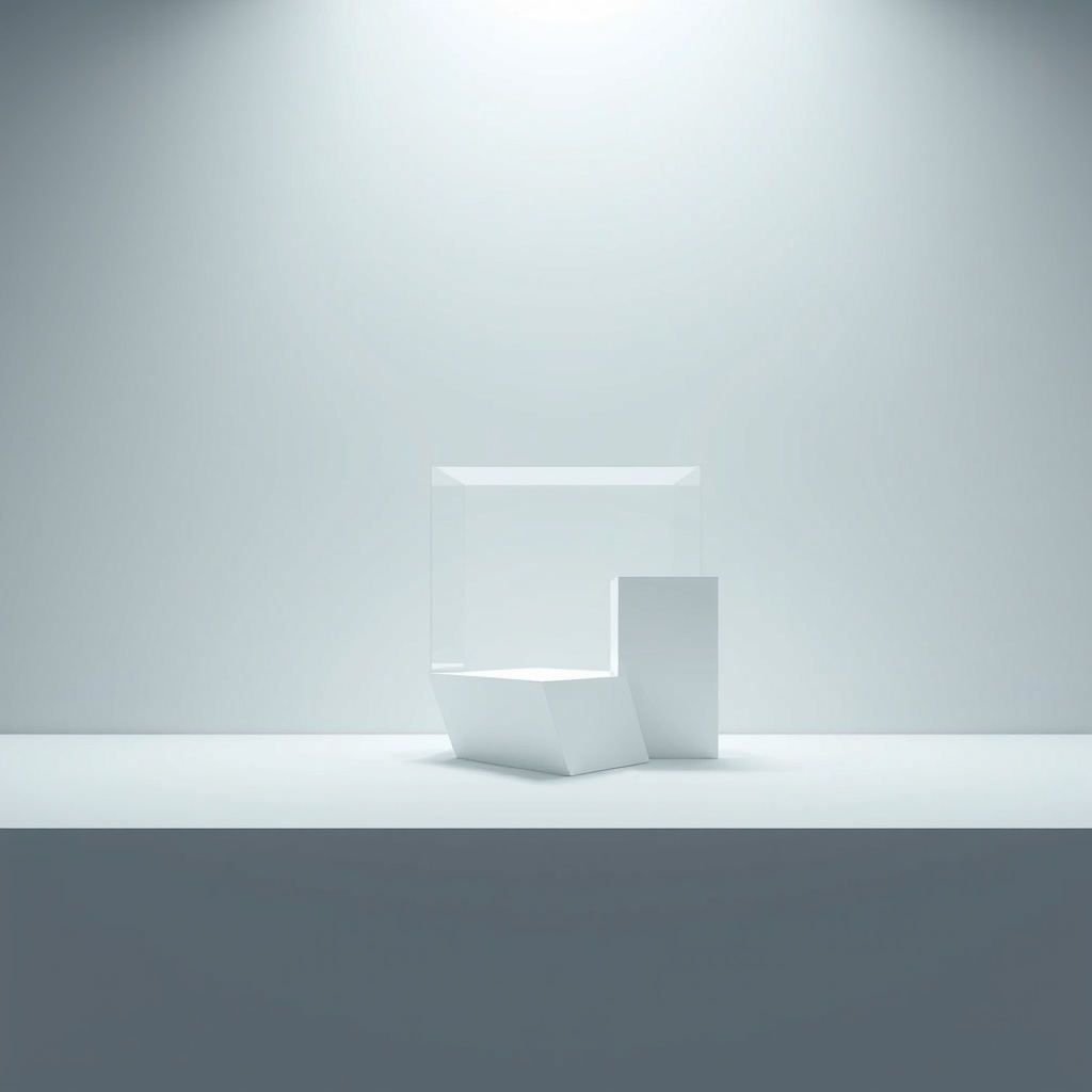 Create an abstract geometric representation capturing the essence of minimalism, focusing on the theme of reducing excess to highlight clarity and simplicity. The artistic style should be a 2D digital art featuring clean lines and simplistic forms. The primary light source should come from the top left, casting soft shadows to the right. Use rim lighting to subtly highlight the edges of geometric shapes. The viewing angle should be eye-level with a medium distance, drawing focus to a central geometric form reminiscent of a deconstructed cube. The mood should be serene and peaceful, evoking a sense of clarity and calm. The subject should be centered following the rule of thirds with ample negative space surrounding it, emphasizing the theme of simplicity and focus. The color palette should be cool, dominated by shades of white and gray with accents of light blue to convey tranquility and order. Complementary colors should be subtly introduced to add depth.