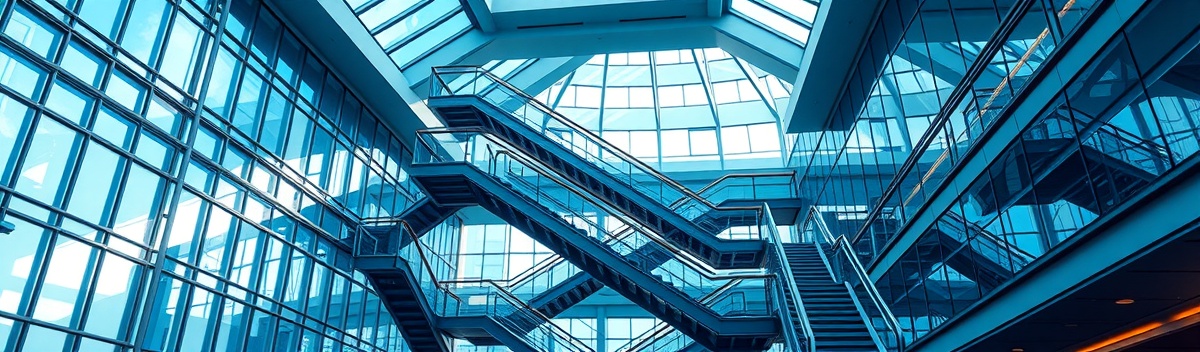 A dynamic abstract representation of stairs as central aesthetic components in modern architecture. The image should be created in a 3D digital art style, highlighting stairs as both functional and artistic elements. Use soft ambient lighting to emphasize transparency and interaction, with shadows that are subtle and blend smoothly into the scene. The perspective should be from a low angle, focusing on the immersive and inviting nature of the stairs. The mood is innovative and optimistic, reflecting a future-oriented theme. Balance the composition by placing the stair structure using the rule of thirds, with ample negative space to suggest openness and connectivity. The color palette should feature cool tones of blue and green as primary colors, with accents of white and grey. Employ an analogous color harmony to maintain visual coherence.
