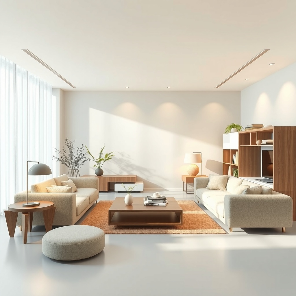 Create an abstract digital 3D representation capturing the central theme of adaptability and creativity in modern modular furniture design. The image should evoke the essence of versatile living spaces that can transform to meet evolving needs. Use soft, ambient lighting from overhead to highlight the adaptability of forms, with subtle shadows creating depth without dominating the composition. The camera should be positioned at a medium distance with an eye-level perspective to convey a sense of engagement and practicality. The emotional tone should be optimistic and inspiring, set against a light ethereal background that instills a feeling of possibility. Employ a balanced composition using the rule of thirds, with dynamic elements suggesting movement and change. The color palette should consist of warm, inviting neutrals like soft beiges and light tans, complemented by accents of calming blues and greens to reflect balance and adaptability, following an analogous harmony approach.