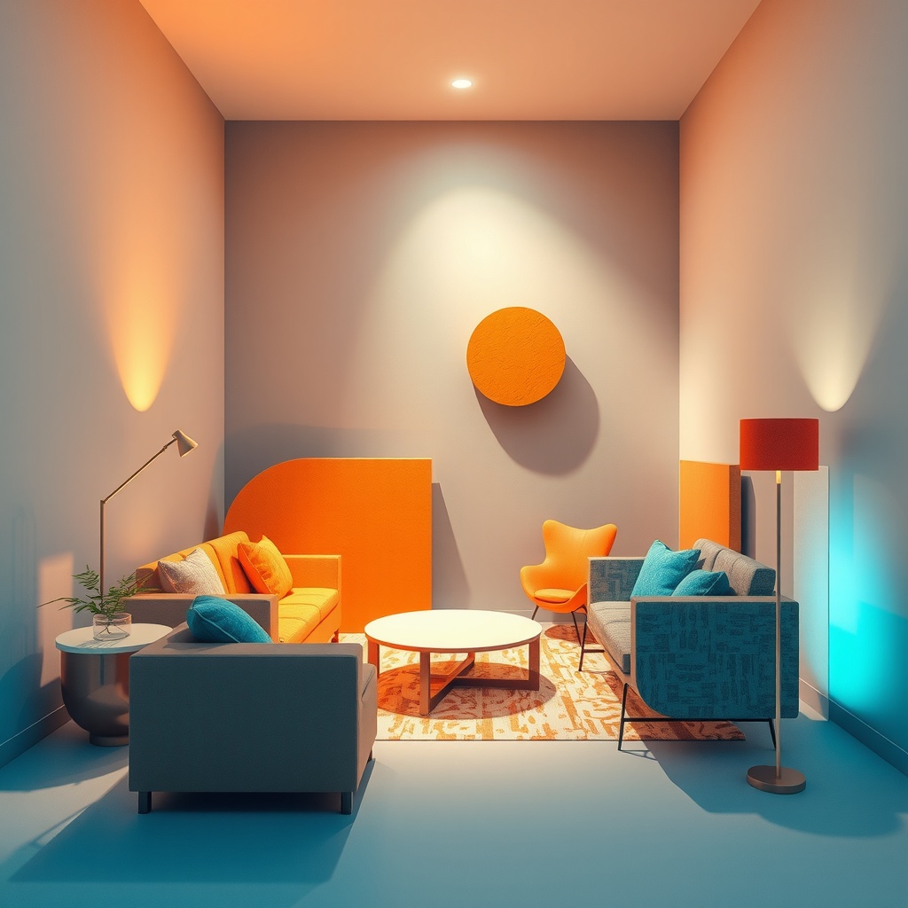 A geometric abstract representation of modular furniture, emphasizing flexibility and adaptability in interior design. The artistic style is abstract with a mixed media approach, combining flat geometric shapes and textured surfaces to symbolize modular components. Lighting is dynamic with a main light source from the top left creating soft shadows and a secondary glow from the bottom right adding depth. The viewing angle is medium, eye-level, focusing on the interplay between shapes symbolizing different furniture modules. The mood is optimistic and innovative with a light visual weight. Composition follows the rule of thirds, with elements dynamically arranged to suggest motion and transformability. The color palette features warm primary colors like orange and yellow, with cool accents like teal, using a complementary harmony.
