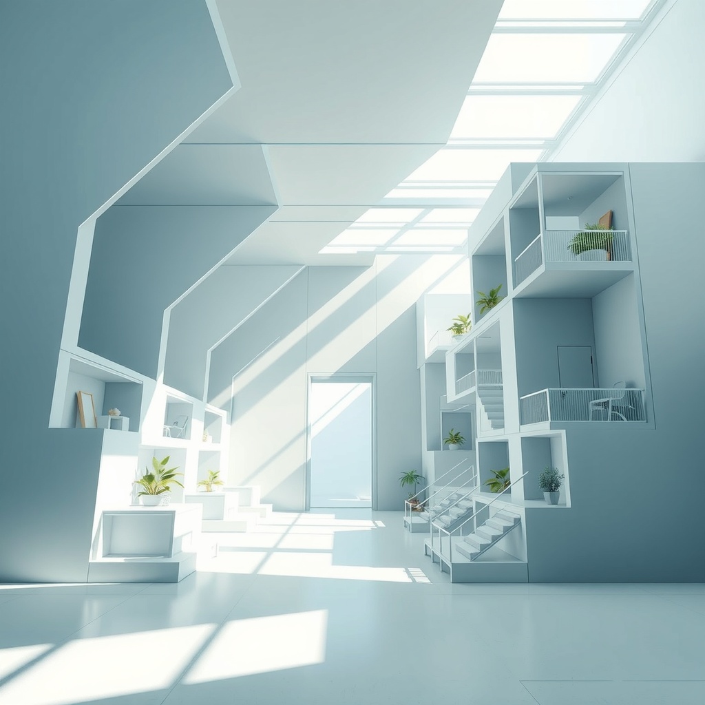 Create an abstract and conceptual visualization capturing the primary theme of innovative modular living solutions, symbolizing adaptability and space-saving efficiency. The artistic style should be digital art, focusing on a geometric representation. Use a main light source from the top left, casting soft and diffused shadows to illustrate flexibility and openness. The viewing angle should be wide, from a low angle perspective, emphasizing the dynamic adaptability of space. The focal point is in the center, drawing attention to the limitless possibilities of modular transformations. Set an optimistic and innovative mood, with a light visual weight, highlighting minimal yet impactful design. The composition should follow the rule of thirds, maintaining balance and harmony with strategic use of negative space to convey simplicity and sophistication. Utilize a color palette featuring cool tones like blues and greys, with green accents to suggest sustainability, maintaining an overall complementary color harmony.