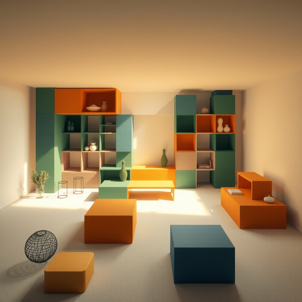 Create an abstract geometric representation that encapsulates the essence of modular furniture systems as versatile, adaptive, and sustainable solutions in modern living. Style the image in a 3D digital art format, using soft ambient lighting from above to evoke a sense of openness and innovation. Integrate shadow play to emphasize depth and dimensionality. Position the viewpoint from a medium aerial angle, focusing centrally to suggest endless possibilities and configurations. The mood should be optimistic and dynamic, leveraging warm, earthy tones like ochre and forest green as primary colors, with cool accents of steel blue. Ensure the composition reflects a balance between potentiality and stability, using the rule of thirds to artfully arrange modular blocks, and include ample negative space to signify adaptability and growth. Highlight a harmonious mix of complementary colors to convey an eco-friendly and stylish aesthetic.