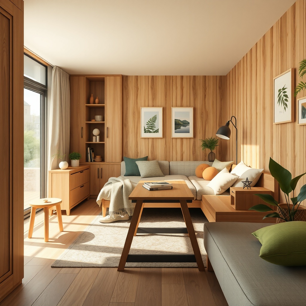  A photorealistic illustration depicting a modern compact living space featuring multifunctional furniture like a convertible table that seamlessly transitions into a bed. The scene captures a harmonious blend of aesthetics and utility, showcasing the furniture in use while exuding a cozy and inviting mood. Soft, diffused lighting enhances the warm color palette of earthy tones with accents of green and natural wood textures, highlighting sustainability in design. The angle is eye-level, providing a clear view of how the space and furniture interact. 