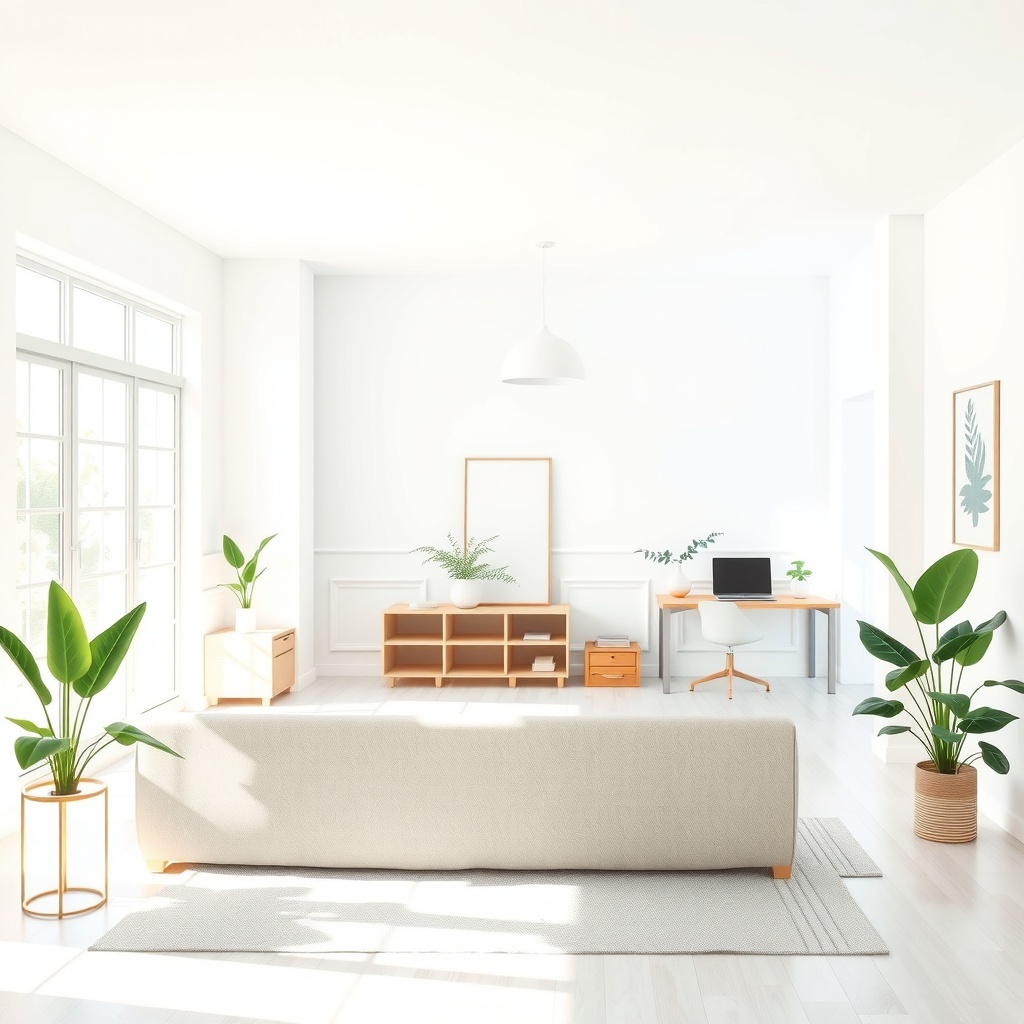  A conceptual digital artwork depicting an open space interior design in a small room. The image shows a bright, airy living area with a half wall separating the living room from a cozy workspace. Soft natural light streams in through large windows, enhancing the openness. The mood is serene and inviting, with a harmonious color palette of light pastels like soft blues and creams, accented by vibrant green plants. The composition is balanced, emphasizing a functional yet stylish layout that inspires flow and interaction. 