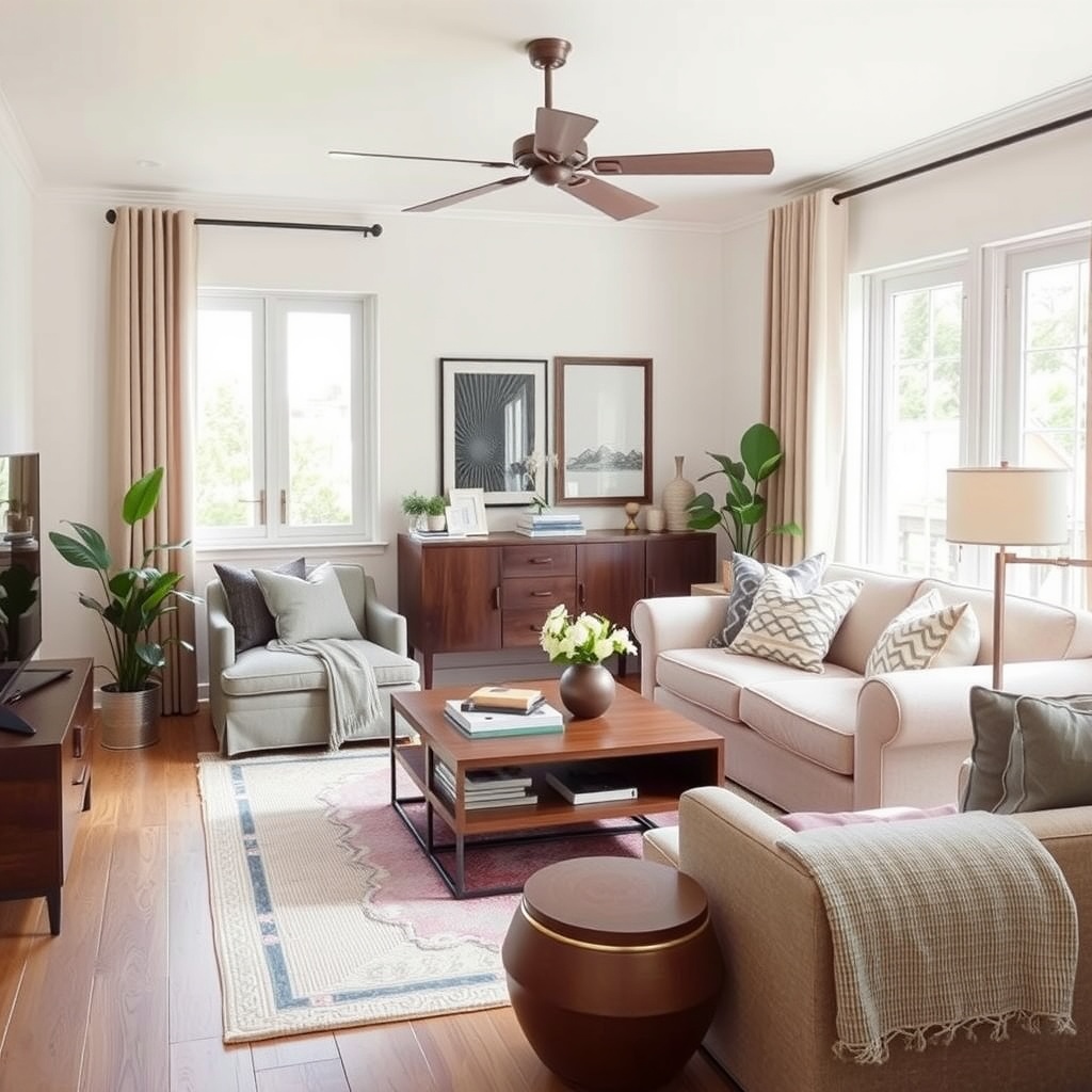  A beautifully designed small living room showcasing clever furniture arrangements that maximize space, featuring a compact sofa, a multi-functional coffee table with storage, and stylish decorative accents. The room is filled with natural light, highlighting a soothing color palette of light neutrals and pastel accents, with plants adding a touch of greenery, creating an inviting atmosphere. 