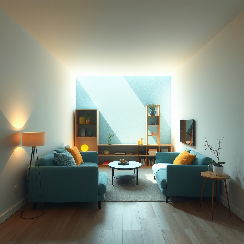 Create an abstract geometric representation that captures the theme of maximizing small living spaces through innovative furniture solutions, focusing on versatility and aesthetics. Use a mixed media approach combining digital 2D art and traditional pen and ink to symbolize the merging of custom and ready-made options. The lighting should emphasize the concept with soft diffused light from the top-right corner, casting gentle shadows to suggest openness and space. A secondary glow from the bottom-left adds depth. Employ a wide angle, eye-level perspective to encompass versatility, while centered elements create a balanced composition. The color palette uses cool shades of blue and green as primary, with warm yellow accents to hint at creativity and comfort, following an analogous color harmony. Set a serene and optimistic mood by balancing vibrant colors with soft tones, employing negative space to highlight attention on multifunctional designs.