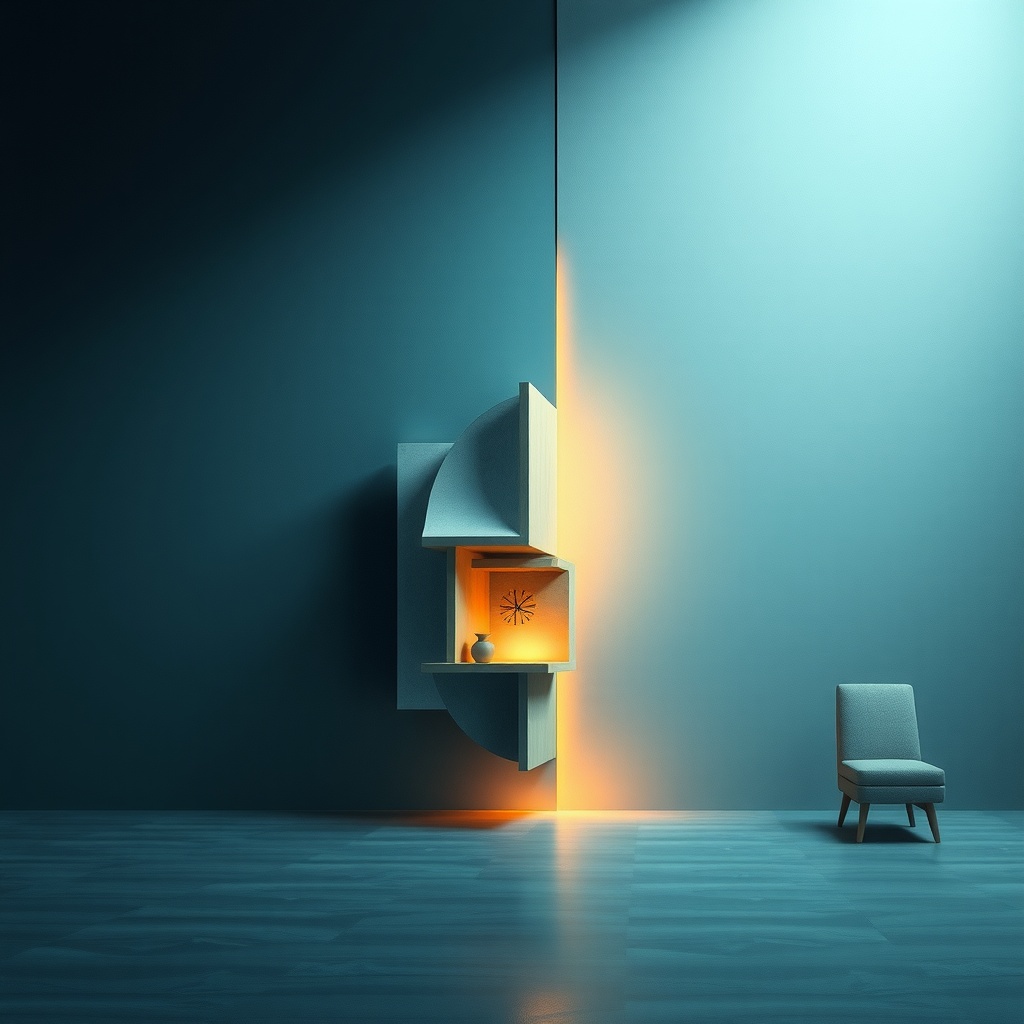 Create an abstract digital art piece (2D) symbolizing the inventive and adaptive spirit of transforming small urban living spaces. Utilize soft, ambient lighting with a primary light source coming from the top-right corner, casting gentle shadows with a secondary glow from the lower-left. Viewpoint should be a medium distance with an eye-level perspective, focusing on a central metaphorical element that represents space optimization and multifunctionality. Set a contemplative yet optimistic atmosphere, inspired by the possibilities within compact living, using a balanced composition with elements of asymmetry to illustrate creativity. The color palette should emphasize cool tones of blue and teal, accented by warm gold hues, utilizing complementary harmony to emphasize contrast and innovation.