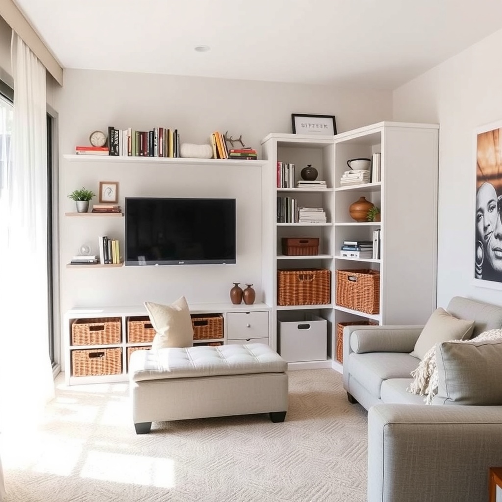 An innovative storage solution in a compact living room, featuring wall-mounted shelves filled with books and decorative items, a stylish storage ottoman, and neatly organized decorative baskets. The furniture arrangement encourages an airy feel, with natural light streaming in from a large window, and soft tones that enhance the room's appeal.