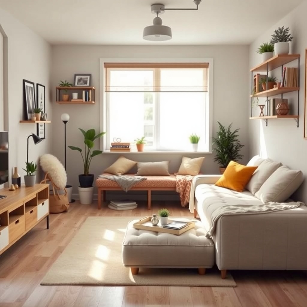  A stylish and modern small living space featuring cleverly designed furniture hacks. The room showcases multifunctional pieces such as a convertible sofa bed, a chic storage ottoman, and wall-mounted shelves filled with plants and books. Soft natural light floods the space, highlighting a cozy atmosphere with warm colors, textiles, and decor that reflect a personal touch. The layout is open and inviting, demonstrating how to maximize space without sacrificing style. 