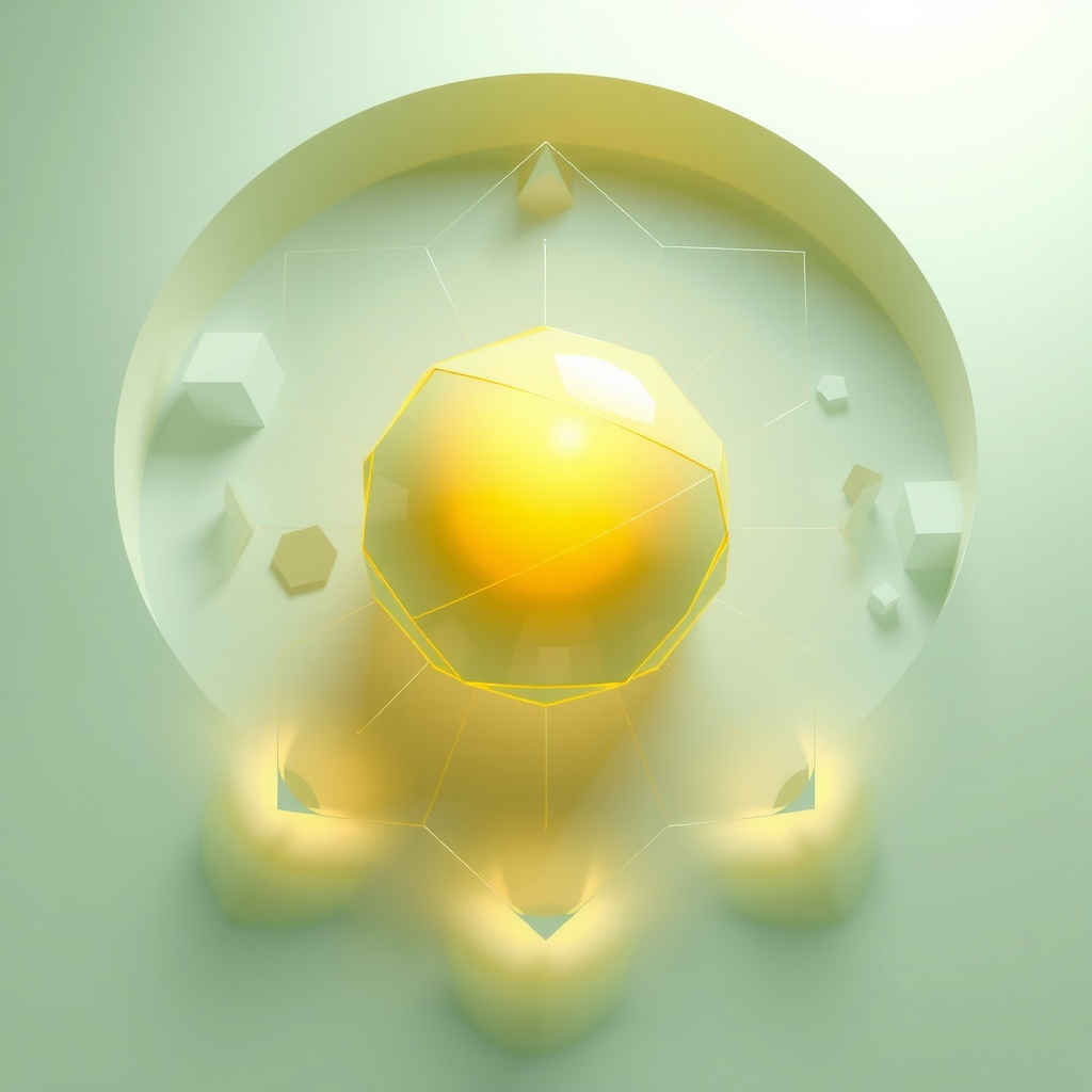An abstract representation of the collective power of small actions in reducing carbon footprint, symbolized by interconnected geometric shapes representing various sustainable practices like energy conservation, plant-based diets, and community advocacy. This digital 3D art features a glowing central orb symbolizing a sustainable future, surrounded by translucent geometric shapes. Main lighting is a soft ambient glow from the center with subtle rim lighting on the shapes, casting gentle, diffused shadows. The viewing angle is an aerial perspective, focusing on the vibrant central orb. The mood is optimistic and inspiring, enveloped in a serene environment, with a balanced composition using negative space to create a sense of interconnectedness. The color palette includes soothing greens and blues with accents of warm yellows, embodying a harmonious analogous color scheme with a cool overall temperature.