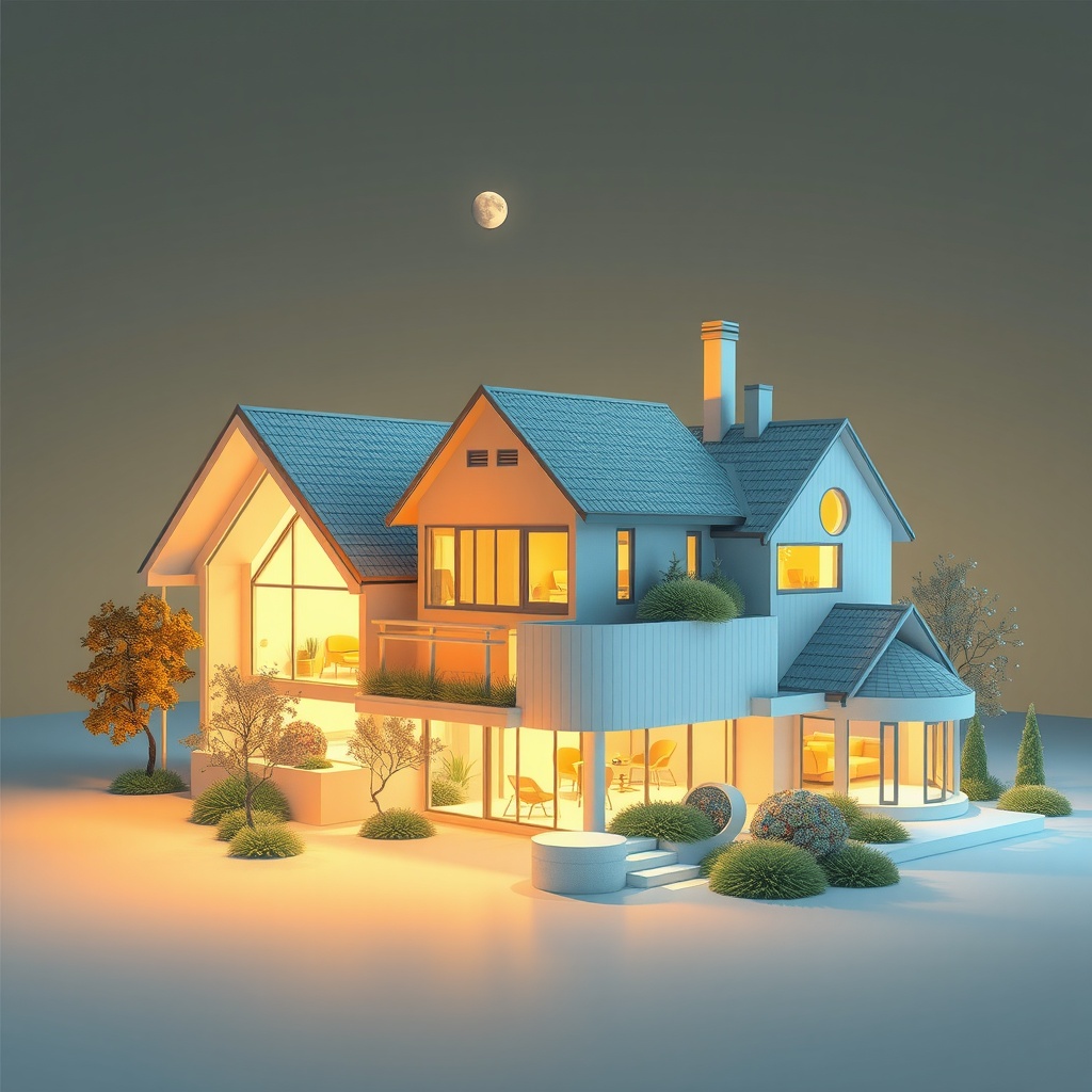 Create an abstract representation of sustainable and efficient home designs, capturing the harmony between modern technology and traditional architectural practices. Use digital art in a 3D style to emphasize the futuristic and innovative aspects of this concept. Illuminate the artwork with soft, natural lighting coming from a low angle to suggest a sunrise, indicating new beginnings in home design. Introduce secondary lighting from ambient sources to symbolize the integration of technology. Shadows should be soft and diffuse, adding a serene quality to the image. The perspective should be a wide view, eye-level, with emphasis on the central convergence of traditional and modern elements. The mood is optimistic and forward-looking, with a balance of serene environmental settings and dynamic home structures. Apply the rule of thirds for subject placement, allowing a flow between the harmony of nature and innovation. Use a cool color palette dominated by blues and greens, complemented by warm accents of yellow for a harmonious effect, suggesting the balance of earth and innovation.