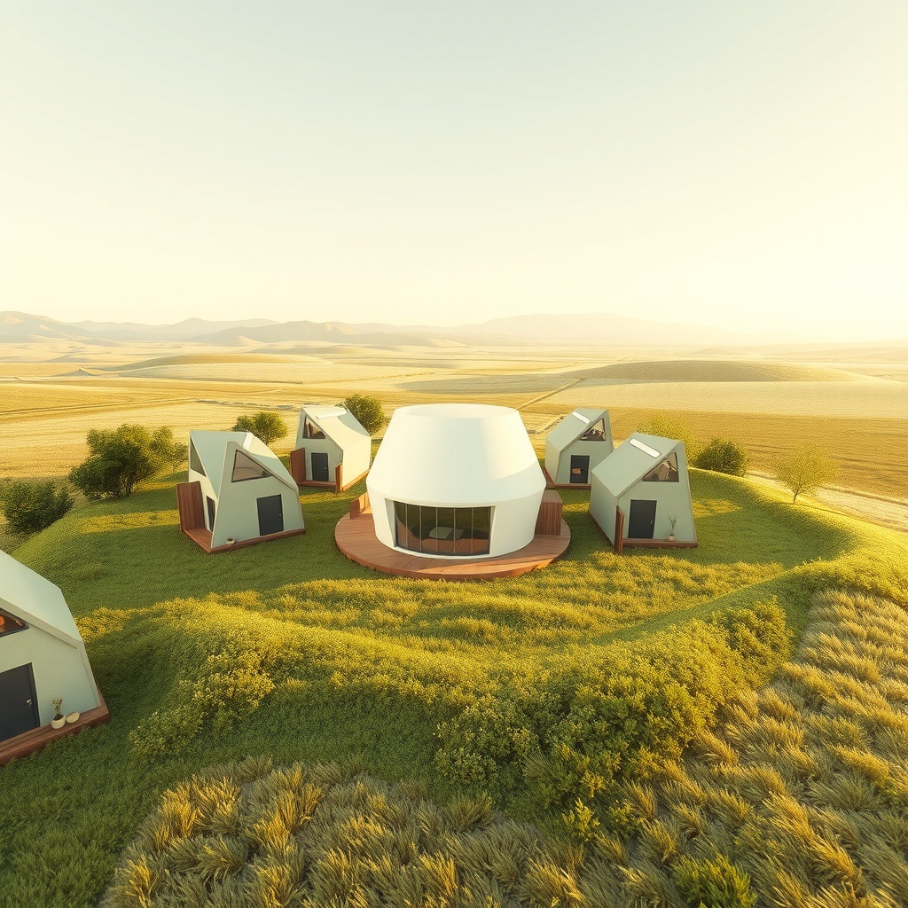 A conceptual and abstract representation capturing the essence of embracing sustainable small living through innovative housing solutions. The artistic style is digital art in 3D, incorporating geometric and abstract shapes to symbolize modern architecture and sustainable elements. Lighting characteristics feature a soft, warm primary light coming from the upper left, casting gentle shadows, with secondary rim lighting emphasizing architectural contours. The viewing angle is a wide, aerial view showcasing a cluster of small, eco-friendly homes blending with nature, with the focal point being a centrally located roundhouse. The atmospheric mood is optimistic and serene, with clear skies symbolizing harmony and possibility. Composition follows the rule of thirds, balancing architectural elements with ample negative space to evoke a sense of openness and freedom. The color palette is predominantly soft greens and earth tones, with accents of light blues and whites, creating a warm and harmonious environment through an analogous color harmony approach.