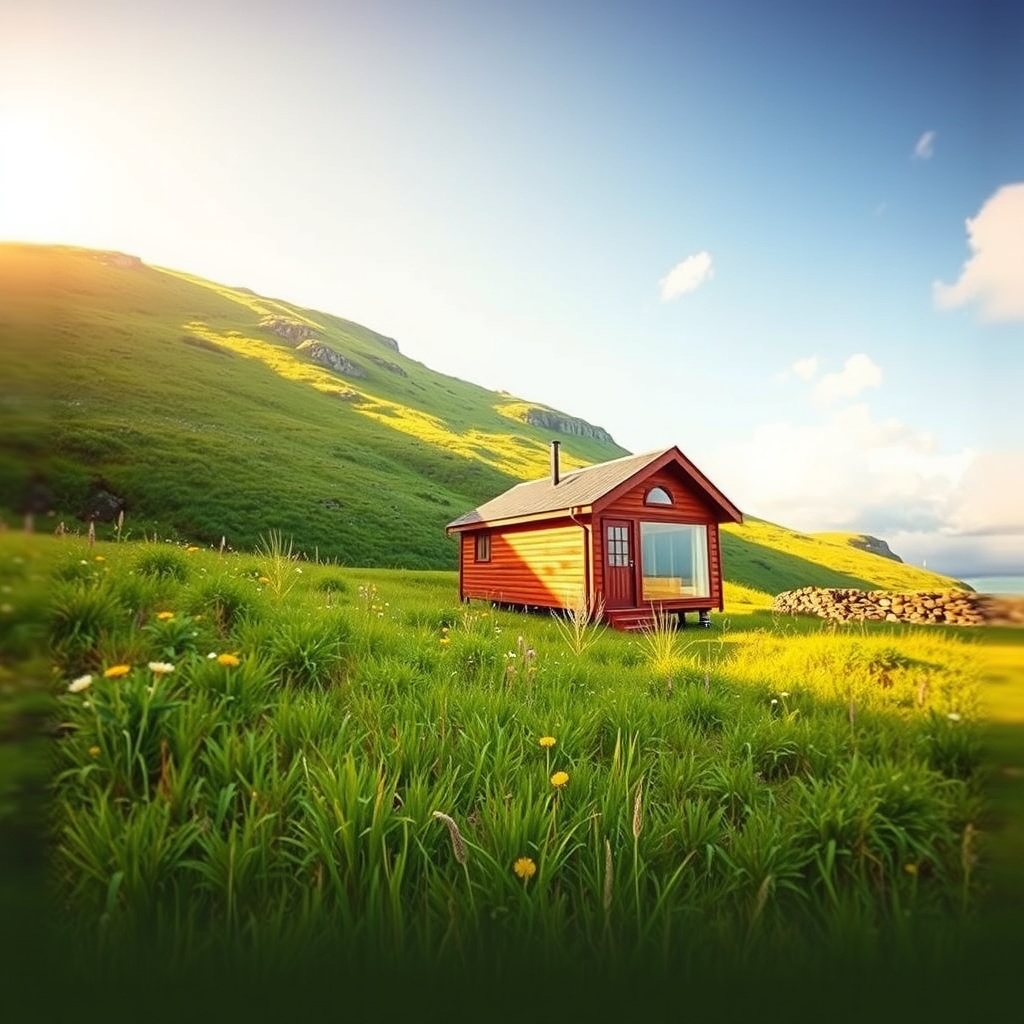 Create a conceptual visualization of the tiny home movement in New Zealand, capturing its essence as a sustainable and affordable housing solution. The image should be a digital art (2D) representation with a photorealistic rendering style. The primary light source should be a soft, diffused sunlight coming from the upper left, creating gentle shadows and a warm, optimistic mood. The viewing angle should be a medium shot with an eye-level perspective, focusing on a tiny home nestled in a lush green landscape. The composition should follow the rule of thirds, with the tiny home placed slightly off-center to the right, balanced by a serene natural environment on the left. The color palette should include primary colors of green (for nature) and brown (for the tiny home), with secondary accents of blue (sky) and yellow (sunlight). The overall temperature should be warm, with a complementary color harmony approach. The atmospheric mood should be serene and optimistic, with a light visual weight, emphasizing the simplicity and harmony of tiny home living.