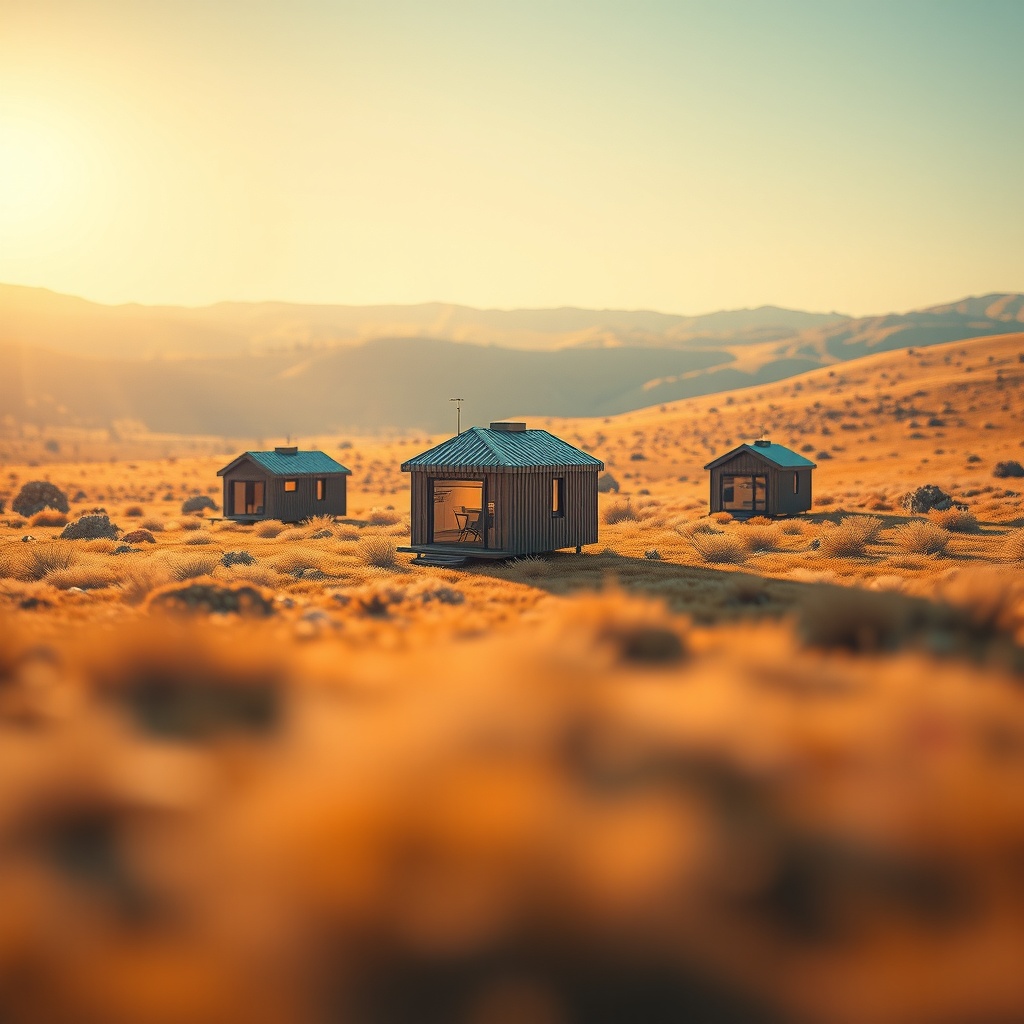 A sophisticated conceptual visualization representing the tiny house movement as a symbol of sustainable and minimalist living. The image is an abstract representation in a 3D digital art style, capturing the essence of tiny homes as transformative small structures within a vast natural setting. Lighting should be dramatic, with a strong primary light source from the left, creating sharp, defined shadows, and a warm, soft secondary light source from the right adding depth. The viewing angle is a wide shot from a low angle, emphasizing the contrast between the small homes and the expansive environment, with focal points on the homes themselves. The atmospheric mood is optimistic and forward-thinking, with clear skies above a vibrant natural background. Compositionally, the image employs the rule of thirds, balancing elements with ample use of negative space to highlight the small homes' place within the large environment. The color palette leans towards earthy tones with a harmony of complementary colors like green, brown, and a splash of vibrant blue, maintaining a warm overall temperature.