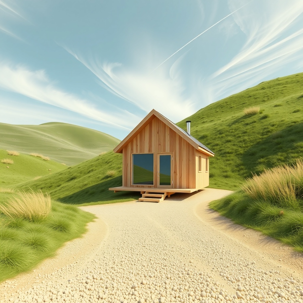 Create a conceptual visualization of the tiny house movement in New Zealand, capturing its essence through an abstract representation. Use a digital art style (2D) with a photorealistic rendering approach. The primary light source should be soft and diffused, coming from the upper left, with subtle secondary lighting to highlight the textures and details. The viewing angle should be a medium shot with an eye-level perspective, focusing on the central subject. The atmospheric mood should be serene and optimistic, with a light visual weight. The composition should follow the rule of thirds, with the tiny house placed slightly off-center, balanced by surrounding natural elements. Use a warm color palette with primary colors of soft green and beige, complemented by secondary colors of light blue and white. The overall temperature should be warm, with an analogous color harmony approach.