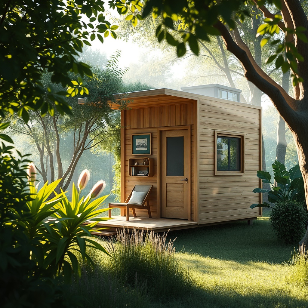 Create a conceptual visualization of modern, sustainable living in a compact space. The image should be a digital art (2D) representation with a photorealistic rendering style. The primary light source should be natural sunlight coming from the upper left, creating soft shadows and a warm, inviting atmosphere. Use a medium viewing angle with an eye-level perspective, focusing on the central subject of a tiny house surrounded by lush greenery. The emotional tone should be optimistic and serene, with a light visual weight. The composition should follow the rule of thirds, with the tiny house placed slightly off-center to the right, balanced by the greenery on the left. Use a color palette of earthy greens and warm browns, with secondary accents of soft blues and whites. The overall temperature should be warm, with an analogous color harmony approach.