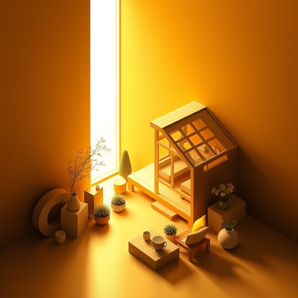 A conceptual digital 3D art piece that visually captures the theme of 'living large on a small scale', reflecting the minimalist yet innovative spirit of tiny houses. The composition should feature abstract geometric shapes, representing the compact and efficient design of tiny homes. A warm golden light source from the upper-left corner symbolizes the embrace of sunlight and warmth in small spaces. The image incorporates soft, diffuse shadows, creating a serene and welcoming atmosphere. The angle should be a wide aerial view, offering a bird's-eye perspective on the harmonious balance of space and design. The composition follows the rule of thirds, with the main elements aligned along the grid lines, maintaining a dynamic yet stable arrangement. The color palette should include earthy browns and greens as primary colors, accented by hints of bright yellow for a touch of optimism, using an analogous color harmony approach to ensure cohesion and warmth.
