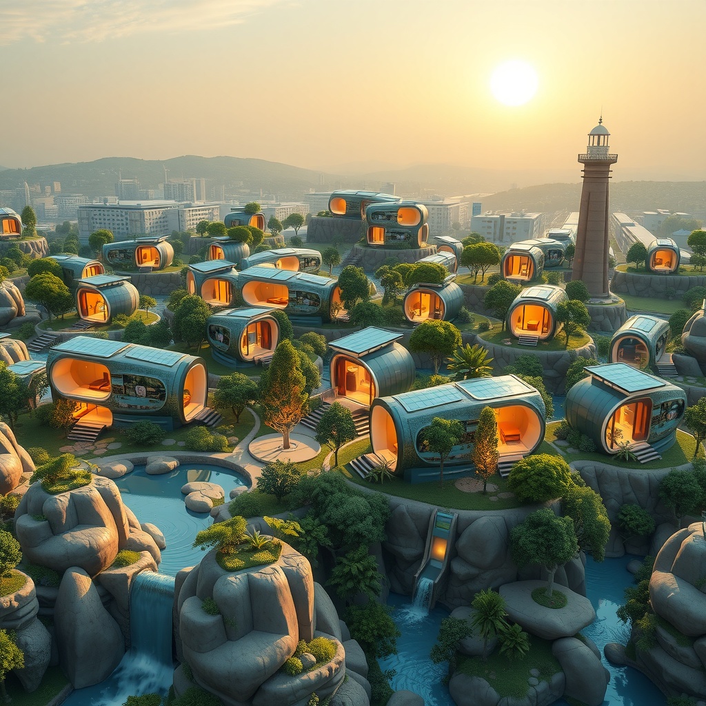 Create a digital 3D art scene representing the concept of sustainable tiny homes revolutionizing modern living. Imagine a futuristic cityscape with a mix of unique tiny homes resting on various landscapes. Each home integrates seamlessly with natural elements, illustrating a harmonious blend of technology and nature. The primary light source comes from an artificial sun placed high in the sky, casting soft shadows with a secondary light glow coming from the tiny homes themselves, creating a warm, inviting ambience. The perspective should be an aerial view, capturing the wide expanse of this eco-friendly urban design with emphasis on harmony between the built and natural environments. The mood is optimistic, with a light atmosphere suggesting a bright future. Composition follows the rule of thirds with homes and trees framing the cityscape. Use a color palette of earth tones—greens and browns, accented with solar panel blues and water conservation teals—arranged in an analogous scheme for warmth.