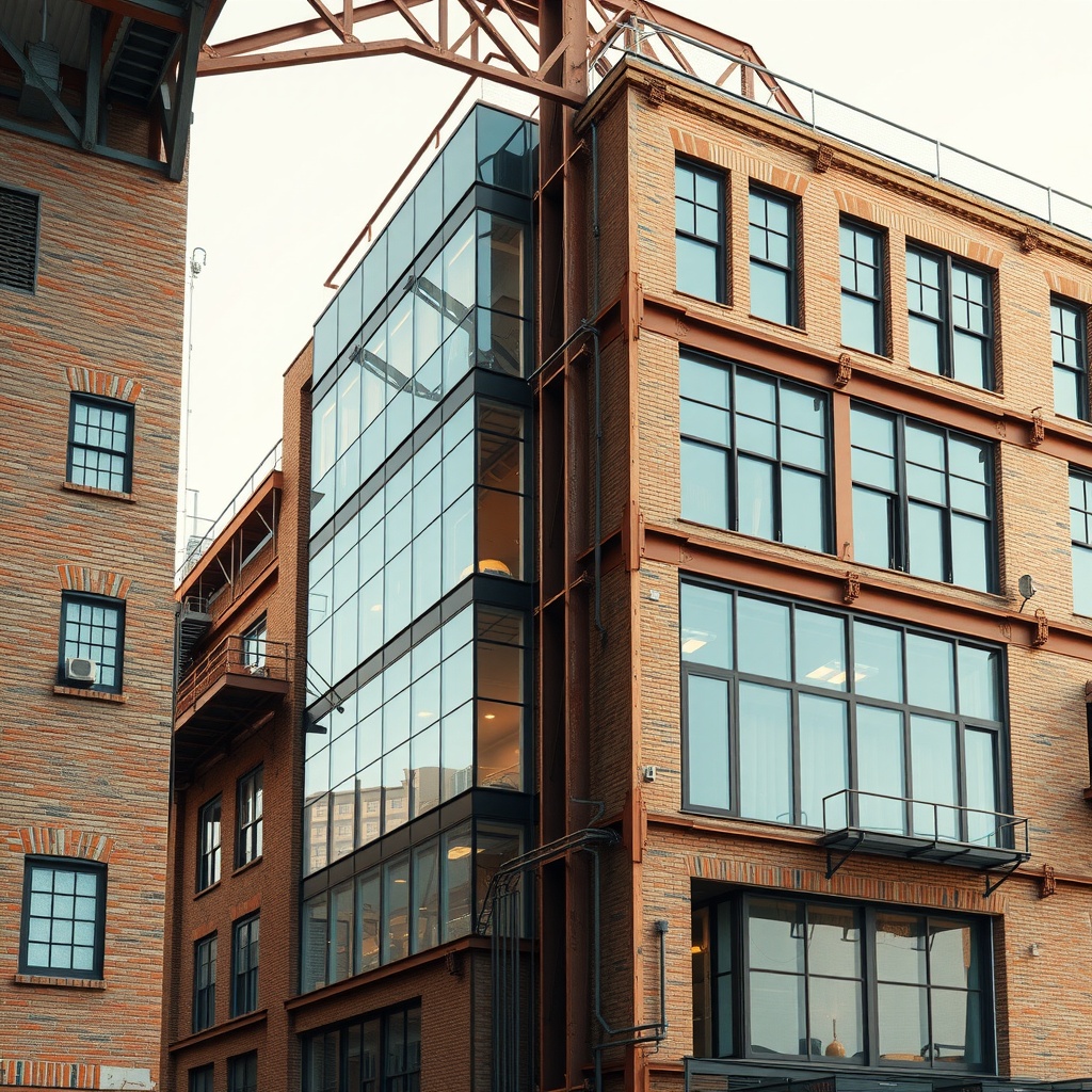An abstract representation of the transformation of old warehouses into modern living spaces, capturing the essence of urban revitalization. The scene is depicted through digital 3D art, showcasing the juxtaposition of historic industrial elements and contemporary design aesthetics. The primary lighting emanates softly from the top-left, casting gentle shadows that accentuate the structure's features. Additional ambient lighting creates a warm glow, highlighting glass and metal textures. The composition is viewed from a medium distance at an eye-level perspective, focusing on the harmonious blend of old and new. The mood is optimistic and transformative, with a balance of dynamic and static elements symbolizing growth and stability. The color palette encompasses earthy browns and greys with accents of vibrant teal and warm amber, using an analogous harmony to maintain a cohesive and inviting atmosphere.