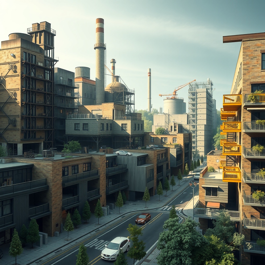 Create an abstract representation of the transition from industrial to residential urban spaces, capturing the theme of transformation and adaptive reuse. Use digital art in 3D style to depict a harmonious blend of old and new elements, reflecting architectural ingenuity. The primary lighting source should be soft and ambient, coming from the top-left corner, with subtle highlights creating depth and texture. Highlight shadow intensity as moderate, adding a sense of history and character. Choose a medium viewing distance with an eye-level perspective, focusing on the central elements of transformation. The mood should be optimistic and uplifting, with light environmental conditions indicating a clean and sustainable future. Position elements to follow the rule of thirds, showcasing a balanced blend of industrial and residential motifs. The color palette should consist of warm earth tones, with accents of soft greens and blues, using an analogous color harmony to symbolize growth and renewal.