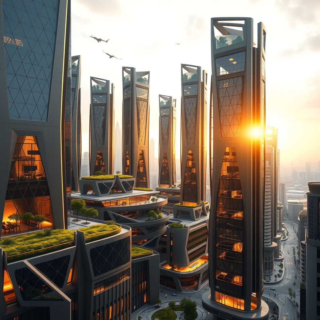 A conceptual visualization depicting a futuristic urban skyline embodying the theme of vertical living and sustainability. The image style is modern digital art, crafted in a 3D rendering emphasizing sleek, high-tech architecture. The primary light source is a soft sunrise from the right, casting warm golden tones across the cityscape, while soft ambient lighting illuminates the scene, creating gentle shadows that highlight the geometric patterns of the buildings. The perspective is a wide aerial view, showing a harmonious blend of nature and urban living, with green terraces and sky-courts visible among the towering structures. The mood is optimistic and innovative, reflecting the integration of ecological virtues within urban design. The composition follows the rule of thirds, with dynamic lines leading toward the sunrise, and balanced use of negative space to convey openness. The color palette is dominated by soft golds and greens, with accents of cool blues and greys, harmonizing with a warm overall temperature and an analogous color scheme.