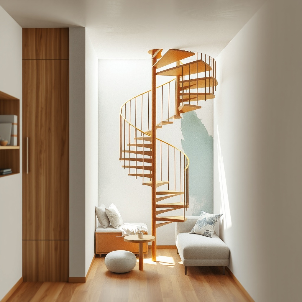 An abstract representation of vertical circulation within a small home setting, depicted in a mixed media approach combining digital 3D elements with traditional watercolor textures. The artwork features a metaphorical spiral staircase integrated into a compact living space, symbolizing the fusion of function and aesthetics. Lighting emanates softly from an undefined source, casting gentle, diffused shadows, creating a serene and balanced ambience. The viewpoint is a medium shot from an eye-level angle, focusing on the staircase as the central element. The mood should be optimistic and creative, with a light visual weight. The composition follows the rule of thirds, positioning the staircase strategically within the frame. The color palette includes warm earthy tones like rich cedar brown and muted concrete gray, accentuated with subtle hints of pastel blues and greens, presenting a harmonious and inviting visual impression.