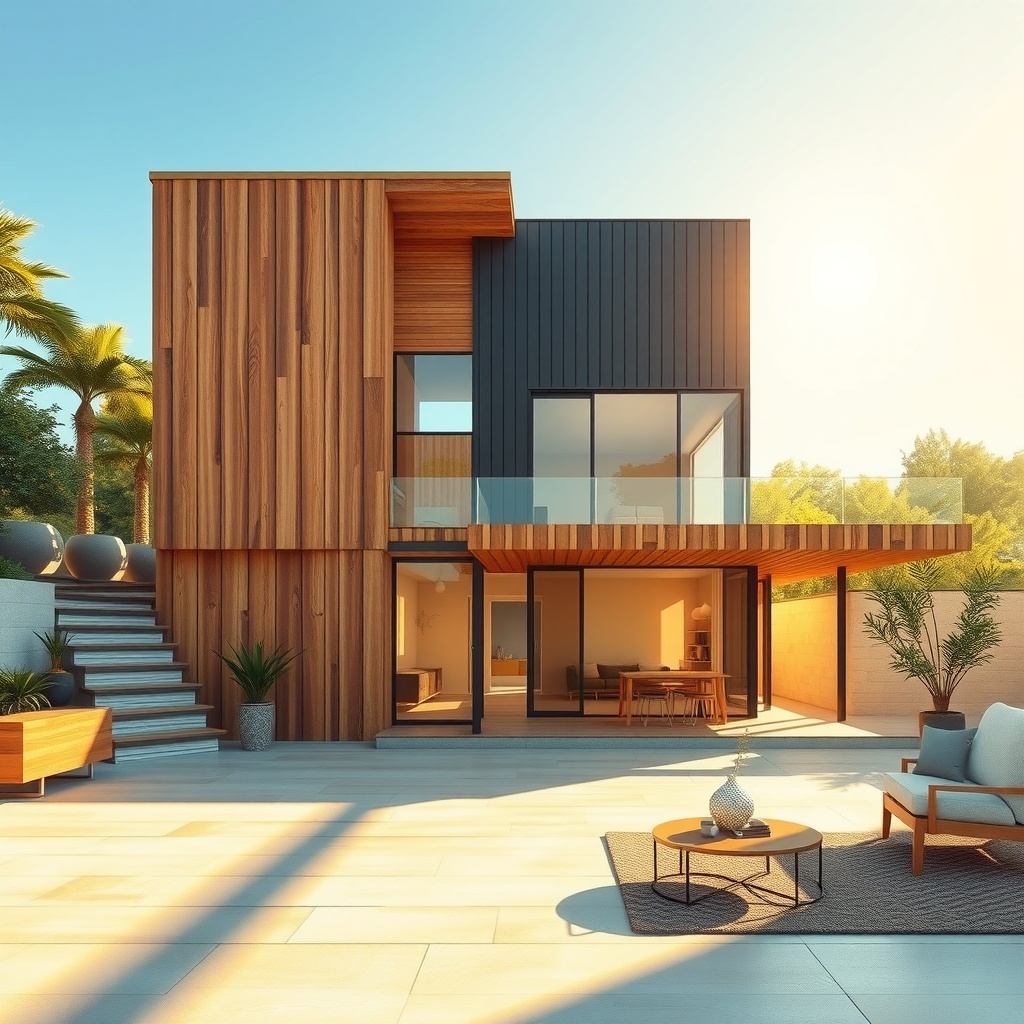 Create an abstract and metaphorical image representing the fusion of vintage and modern architectural elements in a 640 sq foot house plan. Use a mixed media approach combining digital art and traditional illustration techniques. The primary focus should be on blending sleek modern lines with classic, nostalgic materials. Main lighting should come from the top-right, mimicking natural sunlight with soft, diffused shadows. A secondary light source should add warmth from the bottom left, creating a comfortable and inviting environment with gentle rim lighting. The image should be a medium-distance shot, displaying a harmonious mix of retro and contemporary aesthetics at eye-level perspective, emphasizing balance between tradition and innovation. The mood should be optimistic and serene, depicting a sunny day with a light visual weight. Place elements according to the rule of thirds for dynamic composition, using negative space to emphasize the blend of eras. Primary colors are warm gold and cool blue, with accents of earthy greens, achieving color harmony through a complementary palette.