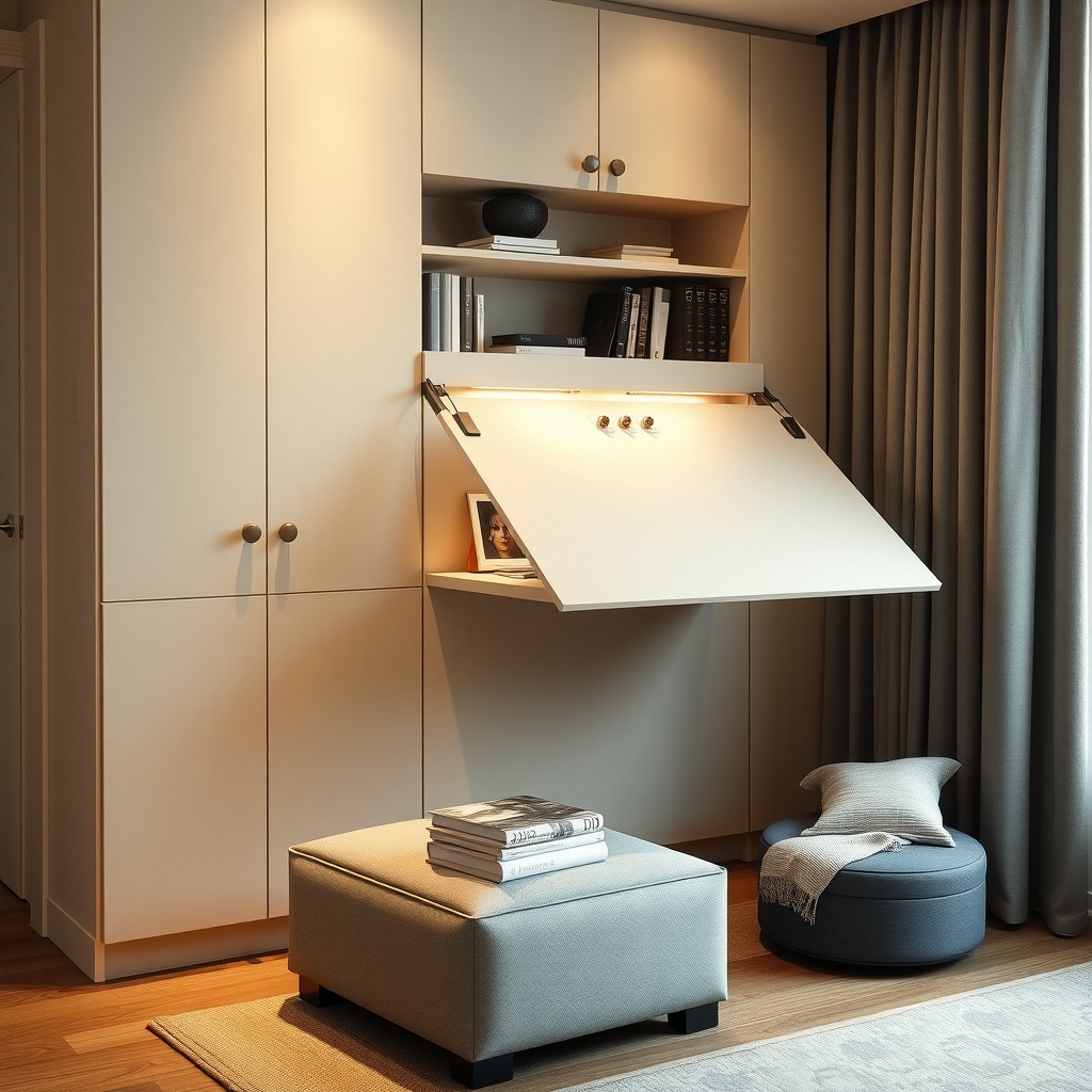 A wall-mounted desk folds down in a small home office, revealing a clean and tidy space, while a storage ottoman sits nearby, filled with books and blankets, with warm lighting and a focus on space-saving solutions, and a modern feel.