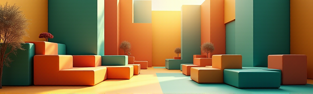 Ultra High Resolution 3D digital art of an abstract geometric representation that encapsulates the essence of modular furniture systems as versatile, adaptive, and sustainable solutions in modern living. Award-winning, epic composition, ultra detailed. The scene is styled in a 3D digital art format with soft ambient lighting from above, creating a sense of openness and innovation. Shadows play throughout the scene, emphasizing depth and dimensionality, while the viewpoint is positioned from a medium aerial angle, focusing centrally to suggest endless possibilities and configurations. The mood is optimistic and dynamic, expressed through warm, earthy tones like ochre and forest green, with cool accents of steel blue. The composition reflects a balance between potentiality and stability, using the rule of thirds to artfully arrange modular blocks, and includes ample negative space to signify adaptability and growth. A harmonious mix of complementary colors highlights an eco-friendly and stylish aesthetic, evoking the innovative spirit of modern living solutions